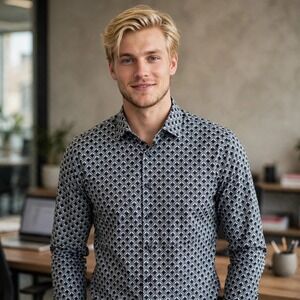 Consequence Mens Button Up Dress Shirt Large Black White Geometric Pattern